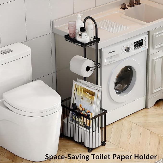 X-cosrack Freestanding Toilet Paper Holder Toilet Tissue Rack Scroll Stand Roll Dispenser with Storage Shelf Reserve for Phone Tablet Magazine Bathroom Organizer Bath Tissue Organizer (Black)