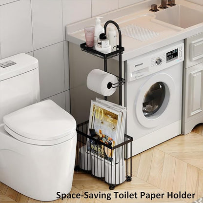X-cosrack Freestanding Toilet Paper Holder Toilet Tissue Rack Scroll Stand Roll Dispenser with Storage Shelf Reserve for Phone Tablet Magazine Bathroom Organizer Bath Tissue Organizer (Black)