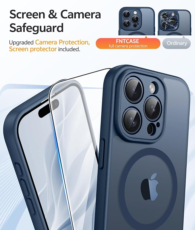 FNTCASE for iPhone 15 Pro Case: [Compatible with Magsafe] Translucent Matte Cases with [Full Camera Protection] [Screen Protector] Military Grade Shockproof Protective Phone Cover - Blue