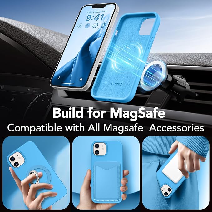 GONEZ Magnetic for iPhone 12 Case / 12 Pro Case, Compatible with MagSafe, [Screen Protector + Camera Lens Protector], Silicone Shockproof Anti-Scratch Protective Phone Case 6.1 inch, Wave Blue