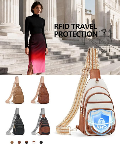 Anti Theft Crossbody Bags for Women, RFID Vegan Leather Sling Purse for Travel, Chest Bag, Cross Body Purses & Fanny Packs(Beige＆Brown) | Multi-Pocket, 8 RFID Card Slots, Structured bag, Quilted Design