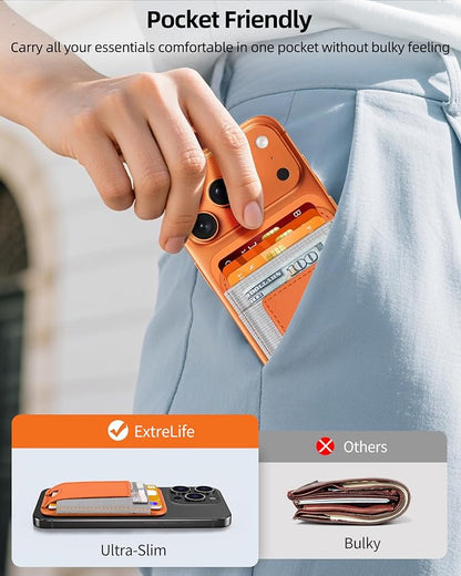 ExtreLife Upgraded for Magsafe Wallet, Stronger Magnetic Wallet for iPhone 17/16/15/14/13/12 Series, for iPhone Magsafe Wallets, Vegan Leather, Fit 7 Cards, Orange+Gray