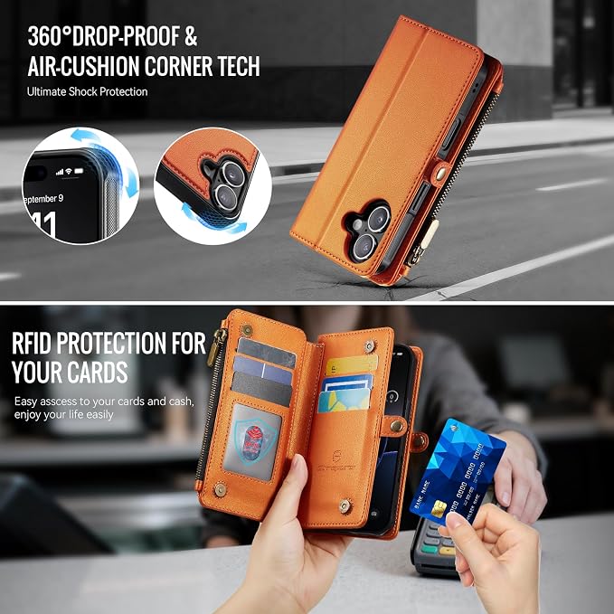 Strapurs for iPhone 17 Detachable Wallet Case Compatible with Magsafe for Women, RFID Blocking 9-Card Holder Zipper Wrist Strap Lanyard PU Leather Magnetic Phone Case for iPhone 17 6.3", Orange
