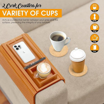 Couch Cup Holder Tray with 2 Cork Coasters, Couch Caddy, Anti-Slip Foldable Armrest Sofa Tray, Couch Armrest Table, Anti-Spill Holder for Remote, Snacks, Cellphone - Ideal Gift (Mahogany)