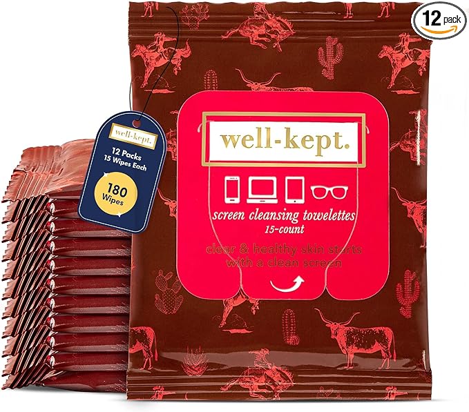 Well-Kept Tech & Lens Wipes - Eyeglass, Screen & Phone Cleaning, Multi-Surface, Lint-Free, Pre Moistened, Streak-Free & Non Scratching - Texas Hold Em, 12 Pack (180 Count)