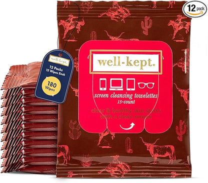 Well-Kept Tech & Lens Wipes - Eyeglass, Screen & Phone Cleaning, Multi-Surface, Lint-Free, Pre Moistened, Streak-Free & Non Scratching - Texas Hold Em, 12 Pack (180 Count)
