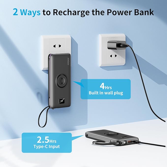 Portable Charger 10000mAh 22.5W PD 3.0+QC 4.0 Super Fast Charging Power Bank, Built-in Cables & AC Wall Plug & Magnetic Wireless iWatch Charger, USB-C Battery Pack for iPhone/Samsung/Apple Watch, etc