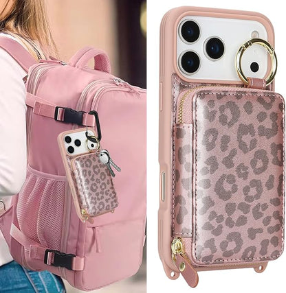 Crossbody Wallet Case for iPhone 17 Pro Max, PU Leather Zipper Handbag Purse Flip Cover, Kickstand Folio Case with Card Slots Holder Wrist Strap Lanyard 5G 6.9 Inch-Pink Leopard