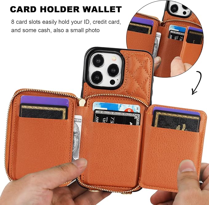 Bocasal Crossbody Wallet Case for iPhone 15 Pro Max, RFID Blocking PU Leather Zipper Handbag Purse Flip Cover, Kickstand Folio Case with Card Slots Holder Wrist Strap Lanyard 5G 6.7 Inch (Brown)