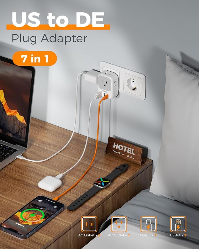 TESSAN 2 Pack Type E F Plug Adapter, Schuko Plug | 3 USB Charger (1 USB C PD 20W), 4 Outlets, Germany France Power Travel Adaptor