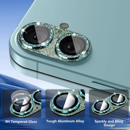 Camera Lens Protector for iPhone 16/iPhone 16 Plus, Bling Glitter Camera Cover with 9H Tempered Glass Metal Ring, Anti-Scratch Camera Protector for iPhone 16/iPhone 16 Plus (Glitter - Green)