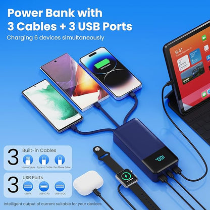 Portable Charger 50800mAh Power Bank with 3 Built in Cables,25W PD QC4.0 Fast Charging USB C Battery Pack,6 Outputs 2 Inputs Travel Essentials Phone Charger for iPhone 17/16/15,Google,Android,Blue