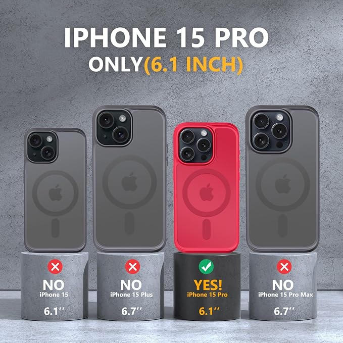 MOCCA Strong Magnetic for iPhone 15 Pro Case, [Compatible with Magsafe][13FT Military Drop Protection] Slim Translucent Matte Shockproof Case for iPhone 15 Pro Phone Case 6.1'', Red