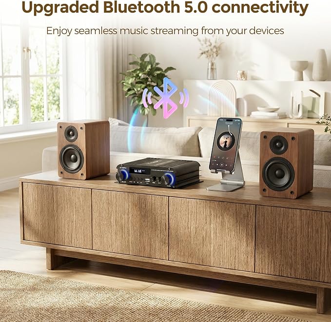 2.1 Channel Stereo Audio Amplifier, 300Wx2+360W Home Audio Bluetooth 5.0 Stereo System with USB/AUX, Remote, Bass Treble & Sub Control, for Active/Passive Subwoofer & Speaker, 12V 5A Adapter