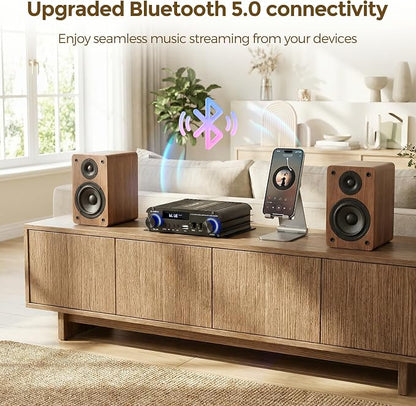 2.1 Channel Stereo Audio Amplifier, 300Wx2+360W Home Audio Bluetooth 5.0 Stereo System with USB/AUX, Remote, Bass Treble & Sub Control, for Active/Passive Subwoofer & Speaker, 12V 5A Adapter