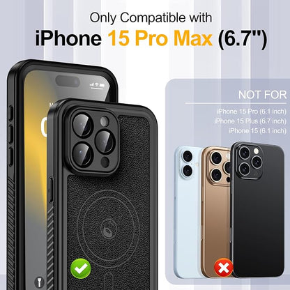 GOLDJU 2025 New Designed for iPhone 15 Pro Max Leather Case Waterproof, [Built-in Screen Protector, ][Compatible with MagSafe] Full Body Shockproof Protective Cover for iPhone 15 Pro Max 6.7''- Black