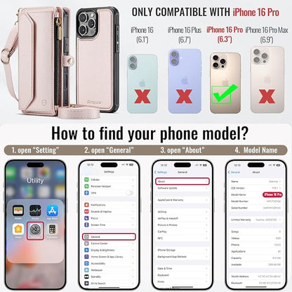Strapurs for iPhone 16 Pro Detachable Wallet Case Compatible with Magsafe, RFID Blocking 9-Card Holder Zipper Wrist Strap Lanyard PU Leather Magnetic Phone Case for iPhone 16 Pro 6.3", Rose Gold