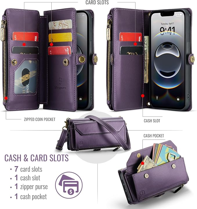 Strapurs Crossbody Wallet Case Compatible with iPhone 17e / iPhone 16e RFID Blocking 7-Card Holder PU Leather Magnetic Snap Shoulder Strap Zipper Pocket Phone Cases for iPhone 17e / 16e - Purple