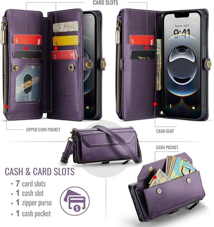 Strapurs Crossbody Wallet Case Compatible with iPhone 17e / iPhone 16e RFID Blocking 7-Card Holder PU Leather Magnetic Snap Shoulder Strap Zipper Pocket Phone Cases for iPhone 17e / 16e - Purple