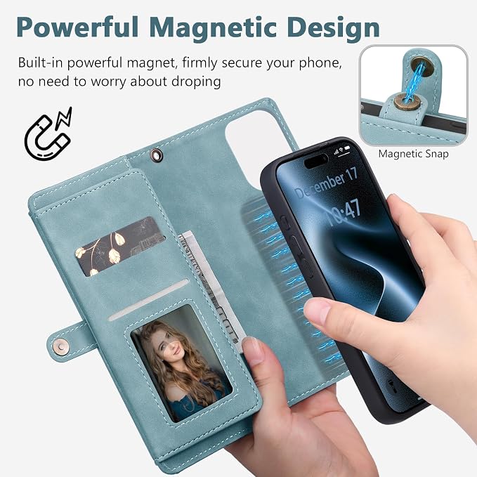 Wallet Case for iPhone 15 Pro Max with Card Holder/Crossbody Wallet/Strap| RFID Blocking | Magnetic | Kickstand | Detachable | PU Leather Phone Case for iPhone 15 Pro Max,6.7 in,Blue