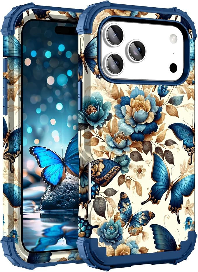Hocase for iPhone 17 Pro Max Case, Heavy Duty Shockproof Protection Soft Silicone Rubber+Hard Plastic Bumpers Hybrid Protective Case for iPhone 17 Pro Max 2025 - Blue Butterflies