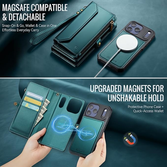 Strapurs for iPhone 17 Pro Max Detachable Wallet Case Compatible with Magsafe, RFID Blocking 9-Card Holder Zipper Strap Lanyard PU Leather Magnetic Phone Case for iPhone 17 Pro Max 6.9", Blue Green