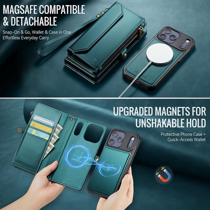 Strapurs for iPhone 17 Pro Detachable Wallet Case Compatible with Magsafe, RFID Blocking 9-Card Holder Zipper Wrist Strap Lanyard PU Leather Magnetic Phone Case for iPhone 17 Pro 6.3", Blue Green