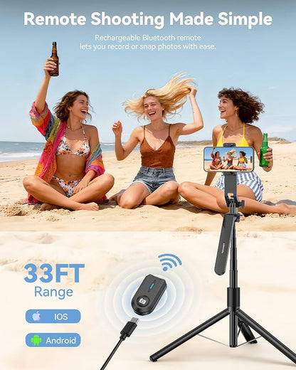 TECKNET 71" Selfie Stick Tripod for Phone with Light, Portable Extendable Cell Phone Tripod Stand with Wireless Remote and Phone Holder, with Wireless Remote Control for iPhone/Android/Camera
