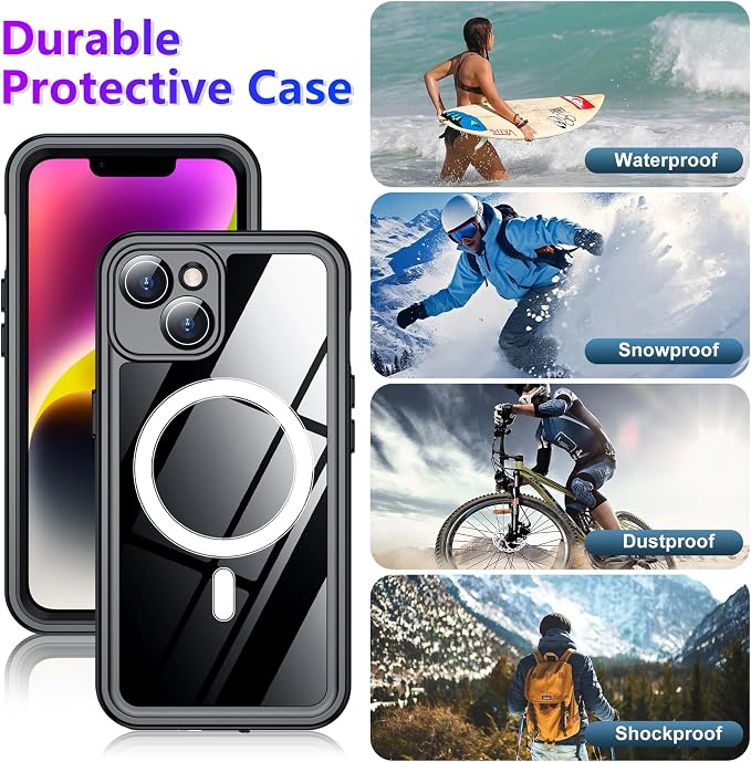 Temdan Compatible with iPhone 14 Case Waterproof, Built-in Screen & Camera Protector IP68 Underwater Full Body 14FT Military Dropproof Shockproof Phone Case 6.1"-Black/Clear-Mag