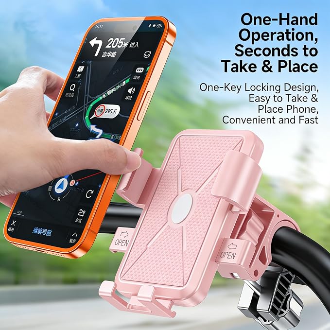 Bike Phone Mount, 1-Second Quick Release Motorcycle Phone Holder with 360° Rotation, Anti-Shake Silicone Pad, Universal for 4-7 Inch Phones - Fits 22-35mm Handlebars (Pink)