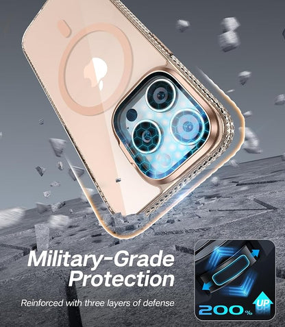 [Upgraded] for iPhone 15 Pro Max Case with Camera Cover Stand [Fit for MagSafe][9H Camera Lens Protector] Mil-Grade Protection Transparent Magnetic iPhone 15 Pro Max Phone Case, Clear Gold