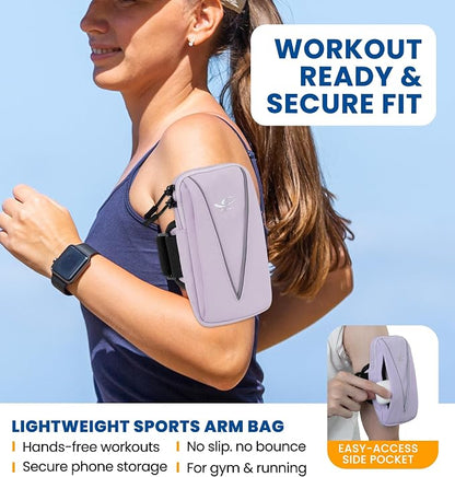 HiRui Cell Phone Holder Arm Bag & Wrist Bag for Phone, Sports Running Armband for Gym & Cycling, Compatible with iPhone 17/17Pro/Plus/16/15 Samsung Galaxy All Phones, Reflective & Adjustable (Purple)