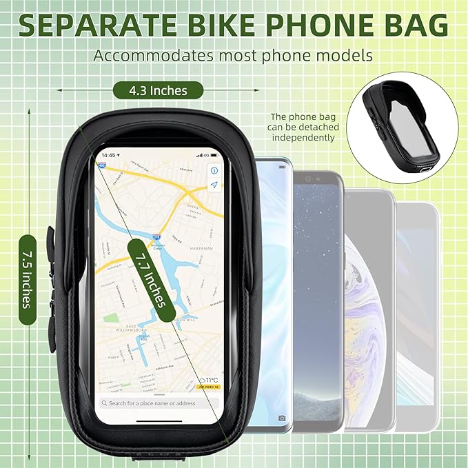 ROCKBROS Top Tube Bike Bag, Waterproof Bike Frame Bag, 1.3L Capacity Bike Phone Bag with Sun-Visor, TPU Sensitive Touch Screen Bicycle Phone Bag for Cell Phone Below 7.4”×4.2”