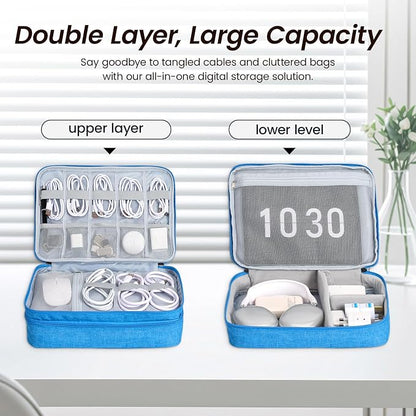 Large Electronic Organizer Travel Case, Double Layer Tech Pouch with Adjustable Dividers, Cable Organizer Bag for Charger, Power Bank, Hard Drive, Camera Gear and Travel Accessories
