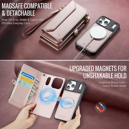 Strapurs for iPhone 17 Pro Max Detachable Wallet Case Compatible with Magsafe, RFID Blocking 9-Card Holder Zipper Strap Lanyard PU Leather Magnetic Phone Case for iPhone 17 Pro Max 6.9", Rose Gold