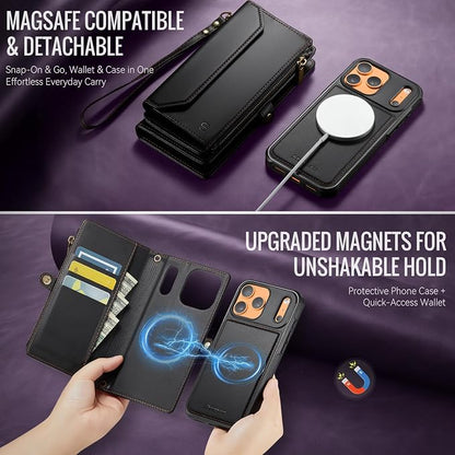 Strapurs for iPhone 17 Pro Max Detachable Wallet Case Compatible with Magsafe, RFID Blocking 9-Card Holder Zipper Strap Lanyard PU Leather Magnetic Phone Case for iPhone 17 Pro Max 6.9", Black