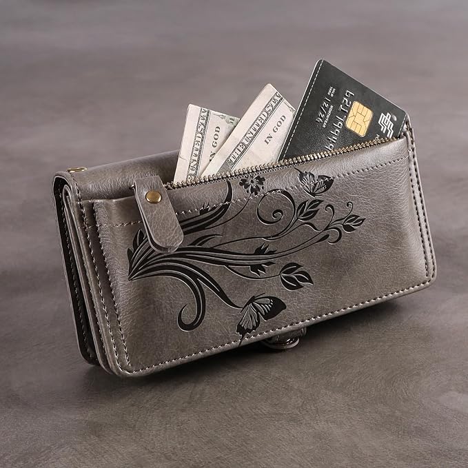 Lacass for iPhone 17 Pro Max Case Wallet,[Cards Theft Scan Protection] Card Holder Zipper Leather Flip Cover Crossbody Wrist Strap with Stand (Floral Gray)