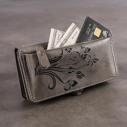 Lacass for iPhone 17 Air Case Wallet,[Cards Theft Scan Protection] Card Holder Zipper Leather Flip Cover Crossbody Wrist Strap with Stand (Floral Gray)