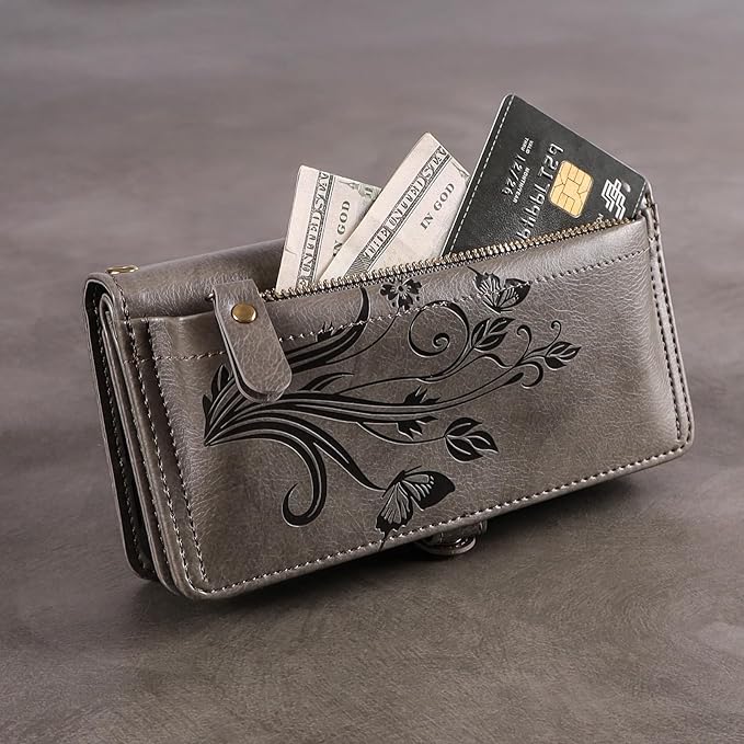 Lacass for iPhone 17 Pro Case Wallet,[Cards Theft Scan Protection] Card Holder Zipper Leather Flip Cover Crossbody Wrist Strap with Stand (Floral Gray)