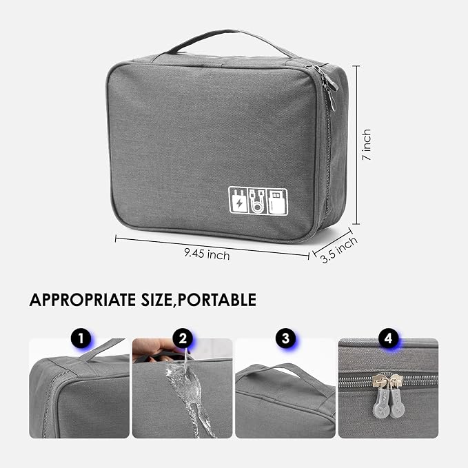 Cable Organizer bag for women or men,Electronic Accessories Carry Case Portable Waterproof Double Layers All-in-One Storage Bag for Cord, Charger, Phone, Earphone (Grey)