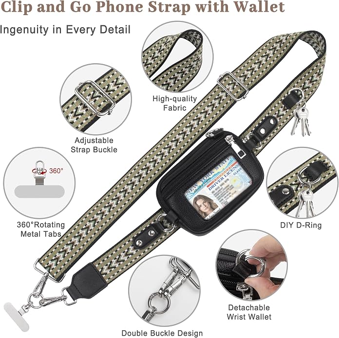 Clip and Go Cell Phone Pouch Lanyard Crossbody with Wallet | Adjustable Strap, Leather Purse Strap, Wrist Strap, For Women