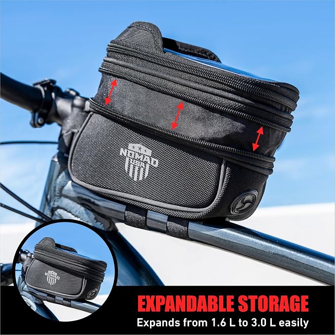 Nomad USA Bicycle Bag, Expandable Bike Tool Pouch Front Frame/Handlebar Bag, Touch Screen Waterproof Cycling Phone Fits All iPhones, Galaxy S25, Pixel Pro, Reflective Top Tube Bag for Bike Accessories