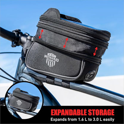 Nomad USA Bicycle Bag, Expandable Bike Tool Pouch Front Frame/Handlebar Bag, Touch Screen Waterproof Cycling Phone Fits All iPhones, Galaxy S25, Pixel Pro, Reflective Top Tube Bag for Bike Accessories
