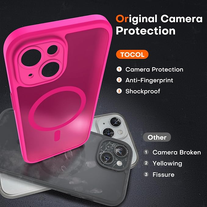 TOCOL for Phone 15 Case, Compatible with Magsafe Charger, Full Camera Protection, Drop Protection, Translucent Matte Phone Case for iPhone 15 6.1 inch (Hot Pink)