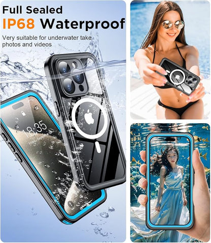 Temdan Magnetic for iPhone 15 Pro Max Case Waterproof,Built-in Screen Protector[IP68 Underwater][Upgrade Military Dropproof][Compatible with MagSafe] Full Body Shockproof Case-Blue