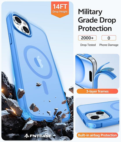 FNTCASE for iPhone 15 Case: for iPhone 14 Case & iPhone 13 Case [Compatible with Magsafe] Translucent Matte Cases with [Screen Protector] Military Grade Shockproof Protective Phone Cover - Ice Blue