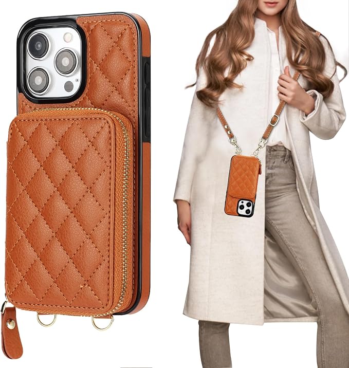 Bocasal Crossbody Wallet Case for iPhone 15 Pro Max, RFID Blocking PU Leather Zipper Handbag Purse Flip Cover, Kickstand Folio Case with Card Slots Holder Wrist Strap Lanyard 5G 6.7 Inch (Brown)
