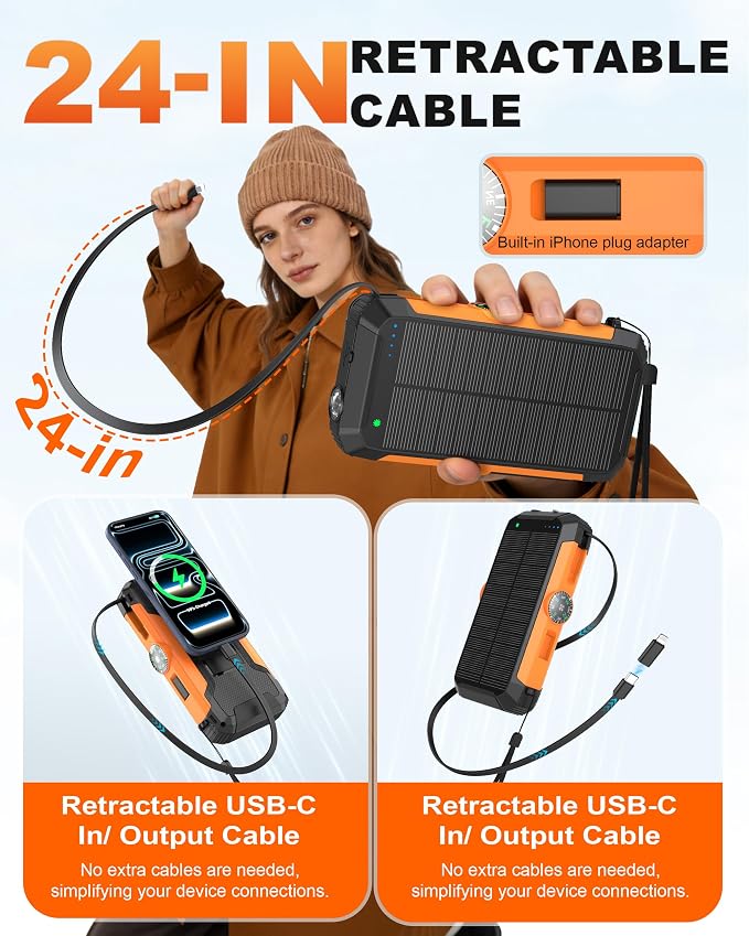 Solar Power Bank with Hand Crank and Retractable Cables, 20000mAh Wireless Portable Charger with USB-C & Camping Light, 25W Fast Charging Battery Pack for iPhone, iPad, Samsung, All Mobile Phones