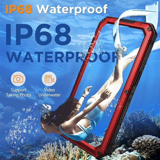 Mitywah Waterproof Case for iPhone 16 Plus, Shockproof Heavy Duty Case with Built-in Screen Protector, Underwater Full Body Protective Metal Case 6.7 inch, Red
