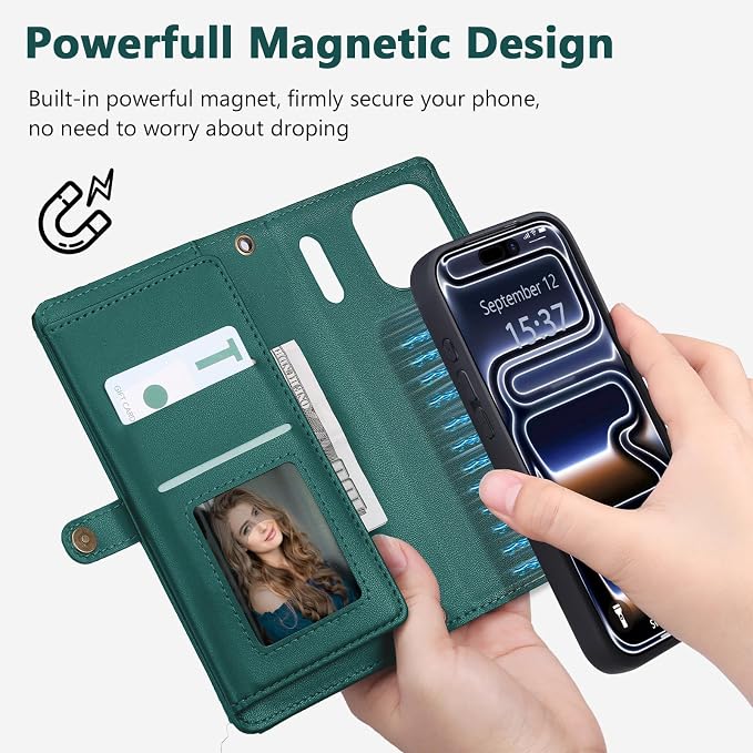Wallet Case for iPhone 17 Pro with Card Holder/Crossbody Wallet/Strap,[RFID Blocking][Magnetic] PU Leather Phone Case for iPhone 17 Pro,6.3 in,Green